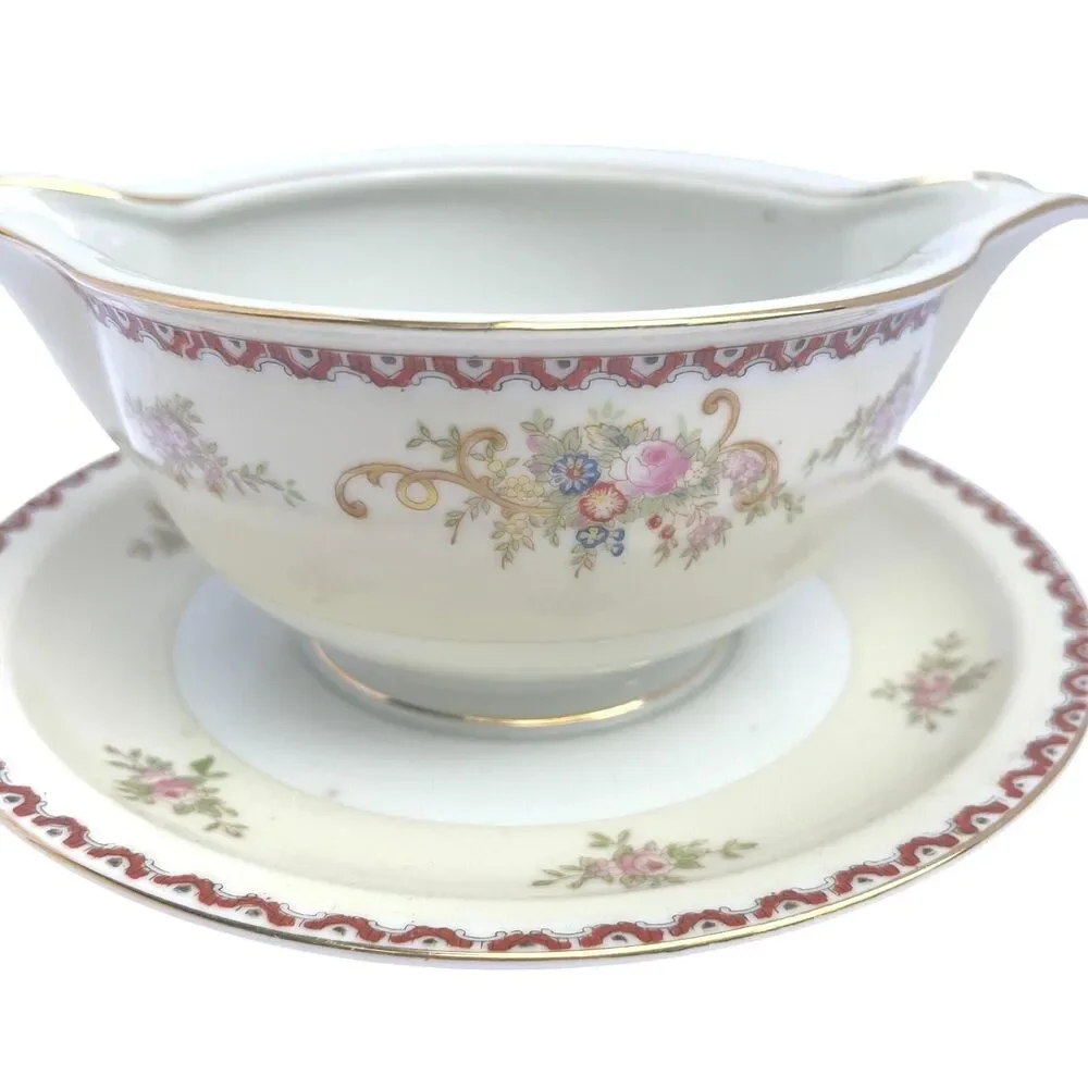 Vintage Occupied Japan Gravy Boat Attached Plate Hand Painted Double Pour